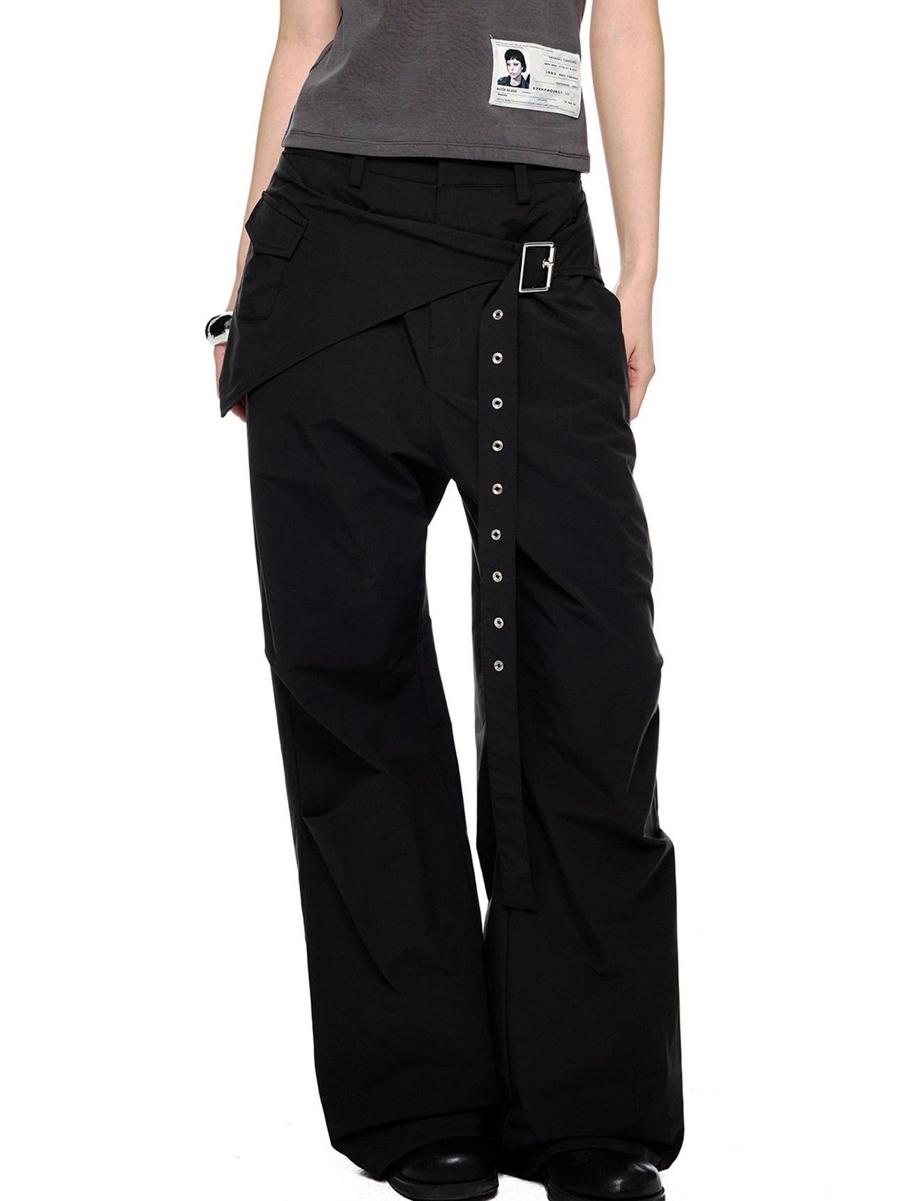 EZEK Black Patchwork Pleated Waist Pocket Casual Women's Polyester Straight-leg Pants