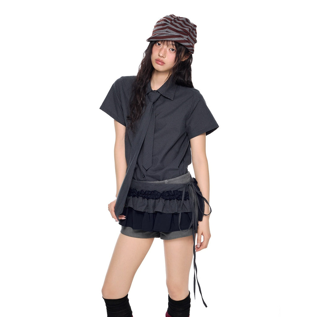 EZEK_Black_Plaid_Pleated_Ruffle_Tie_Women's_Poly_Cotton_Matching_Skirt_Sets_1031631216285_MISSTT
