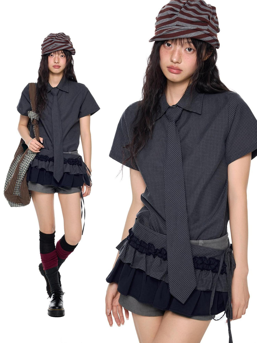 EZEK Black Plaid Pleated Ruffle Tie Women's Poly Cotton Matching Skirt Sets