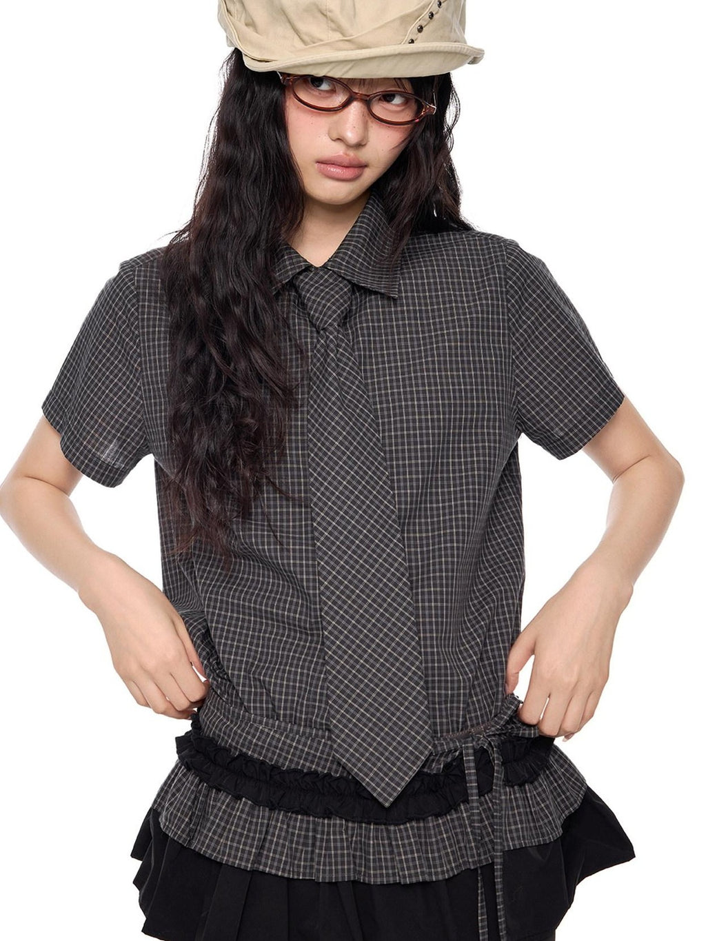 EZEK Black Plaid Pleated Ruffle Tie Women's Poly Cotton Matching Skirt Sets