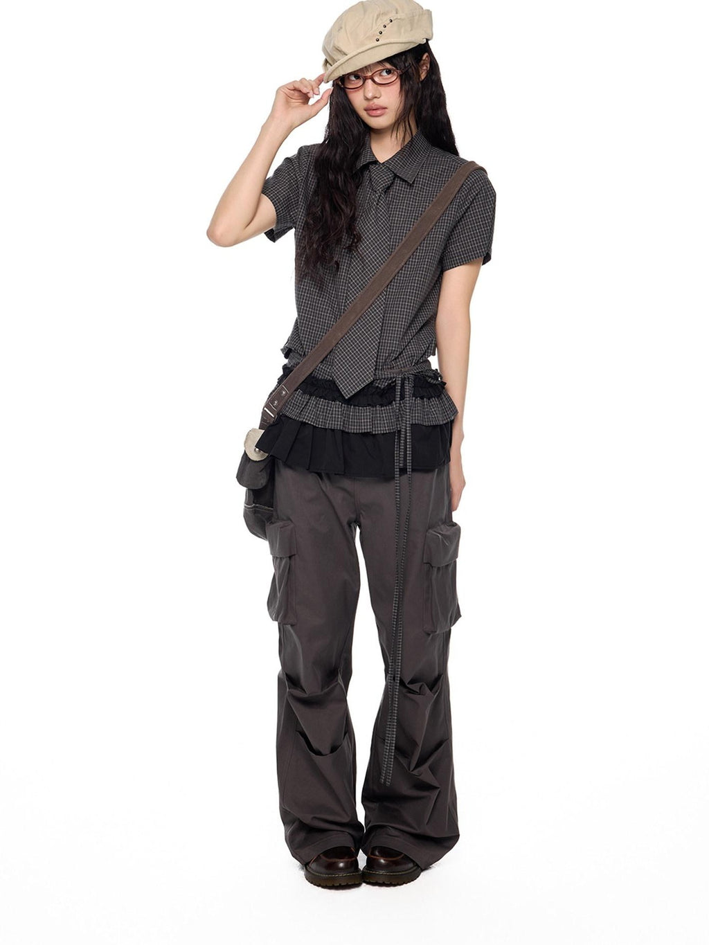 EZEK Black Plaid Pleated Ruffle Tie Women's Poly Cotton Matching Skirt Sets