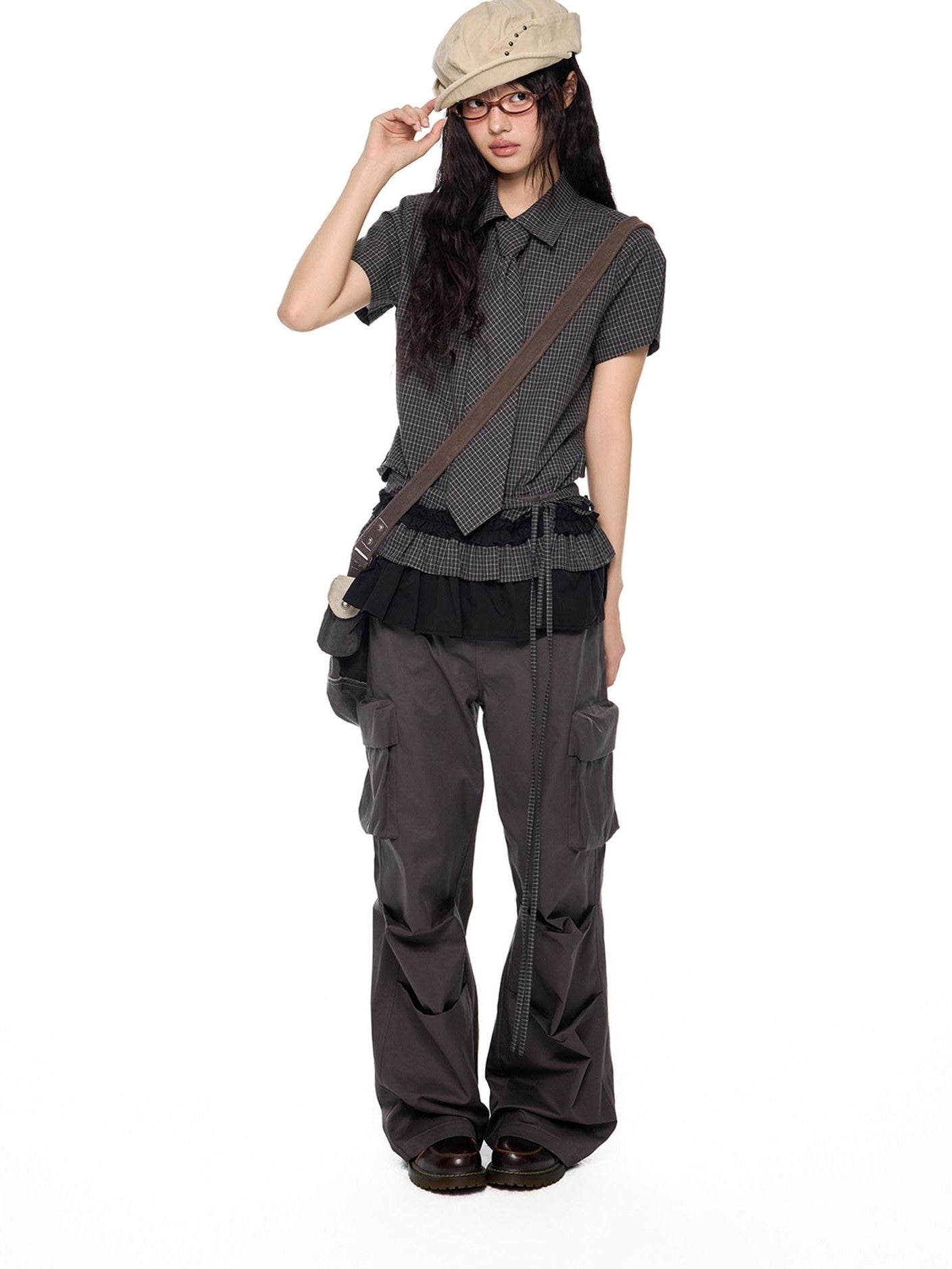 EZEK Black Plaid Pleated Ruffle Tie Women's Poly Cotton Matching Skirt Sets
