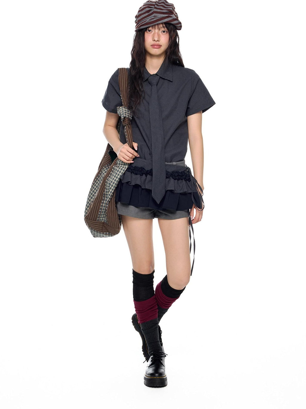 EZEK Black Plaid Pleated Ruffle Tie Women's Poly Cotton Matching Skirt Sets