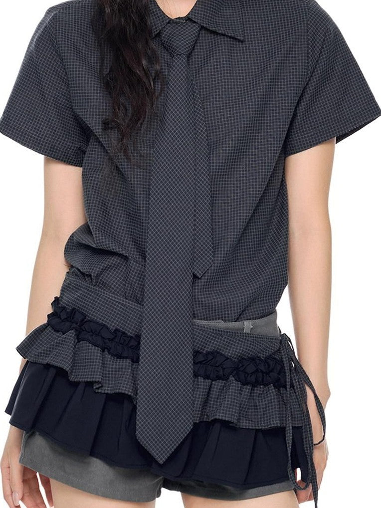 EZEK Black Plaid Pleated Ruffle Tie Women's Poly Cotton Matching Skirt Sets