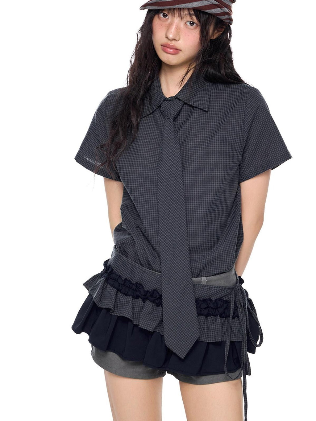 EZEK Black Plaid Pleated Ruffle Tie Women's Poly Cotton Matching Skirt Sets
