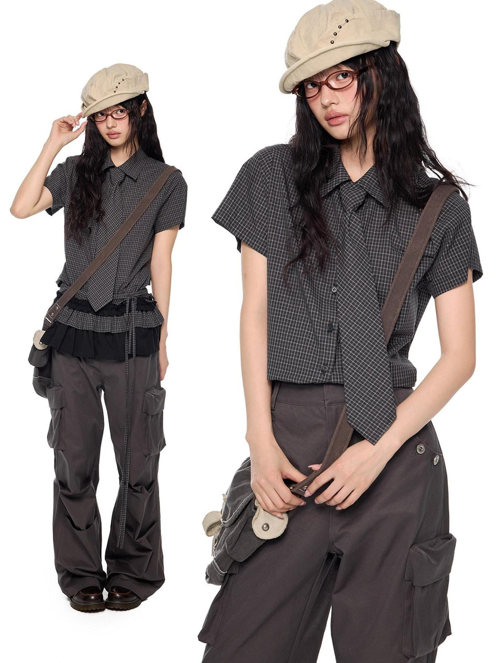 EZEK Black Plaid Pleated Ruffle Tie Women's Poly Cotton Matching Skirt Sets