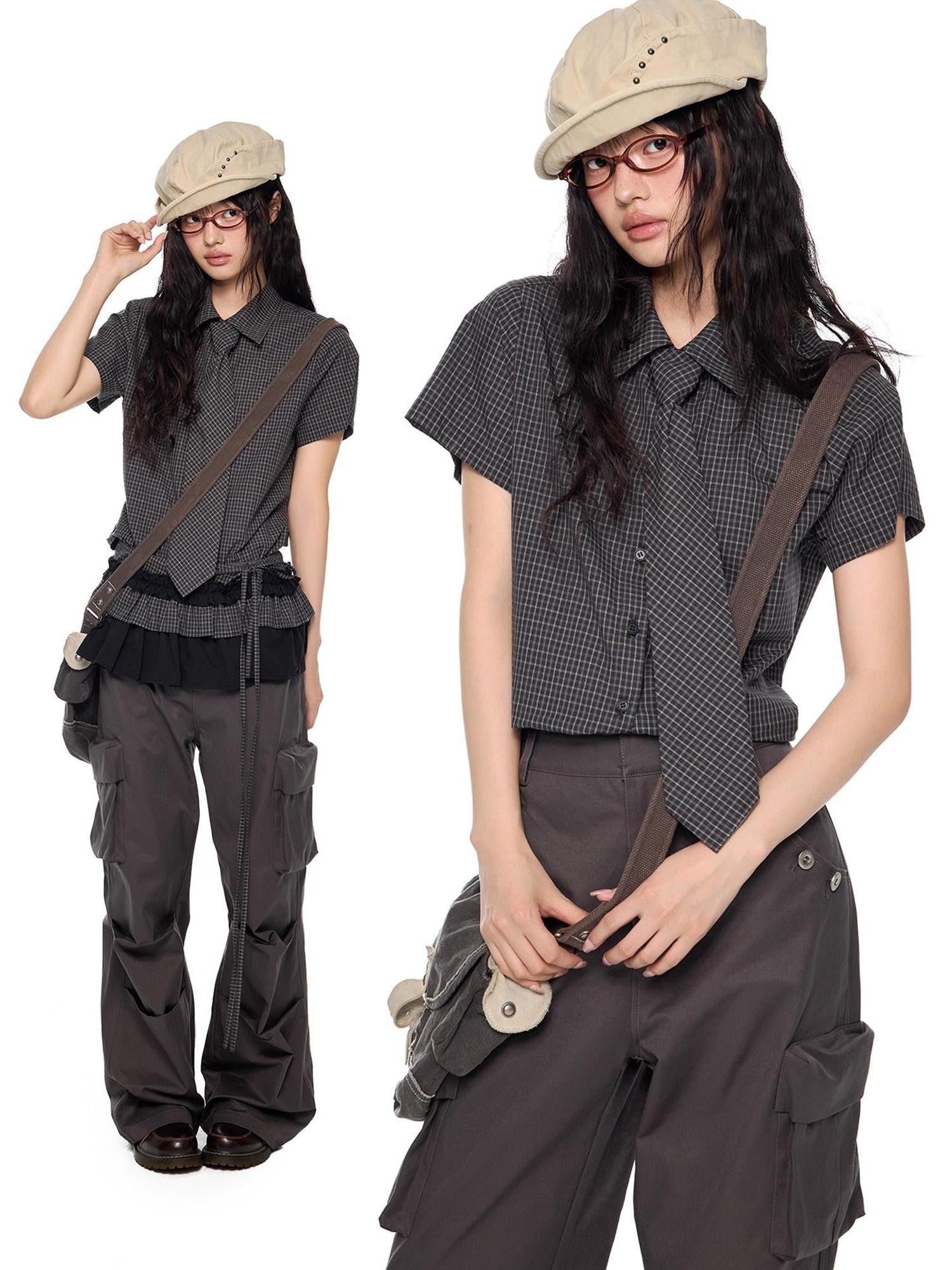 EZEK Black Plaid Pleated Ruffle Tie Women's Poly Cotton Matching Skirt Sets