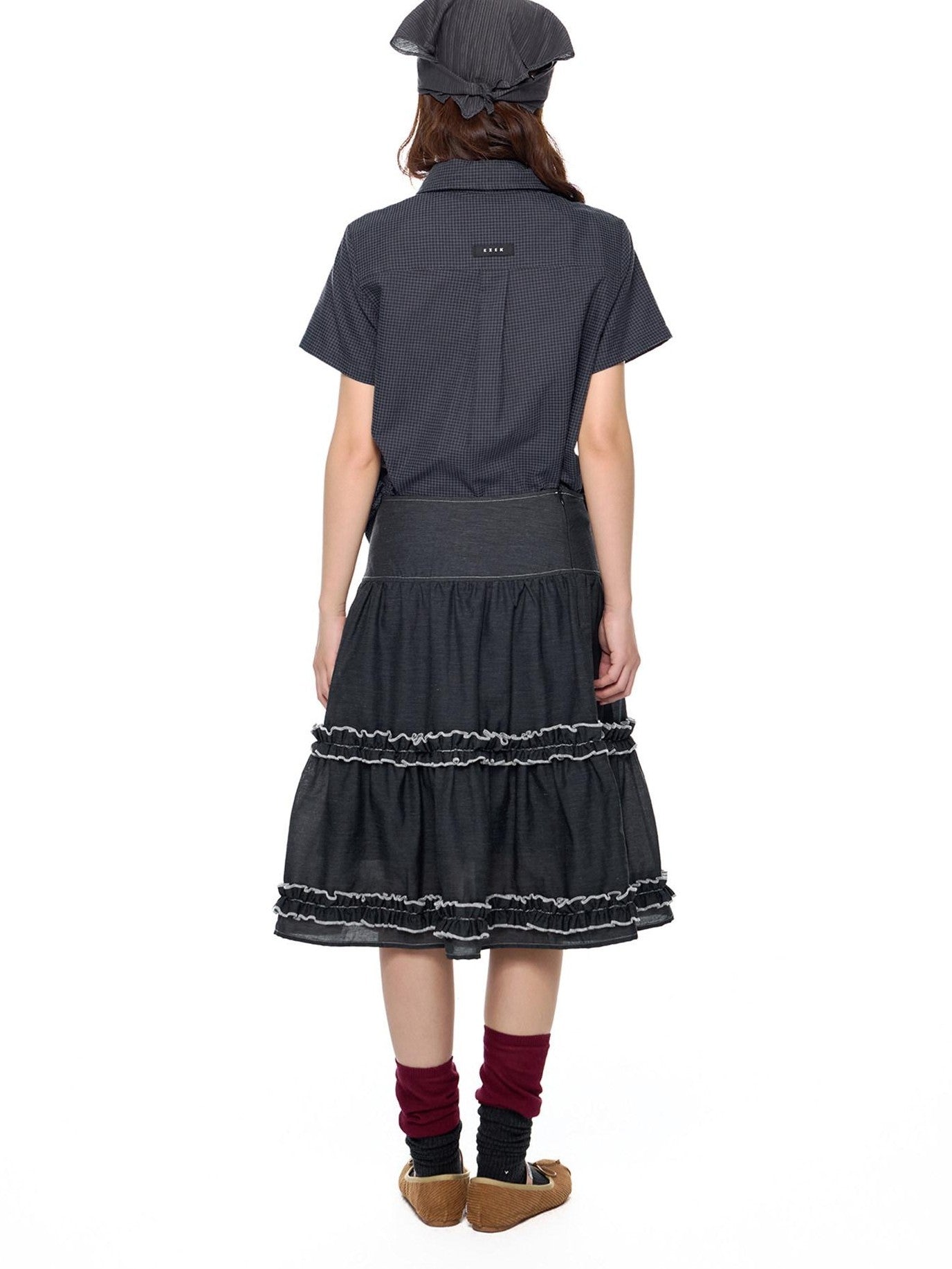 EZEK Black Plaid Pleated Ruffle Tie Women's Poly Cotton Matching Skirt Sets