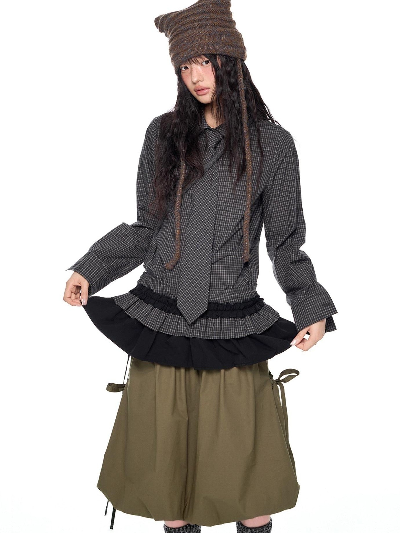 EZEK Black Plaid Pleated Ruffle Tie Women's Poly Cotton Matching Skirt Sets