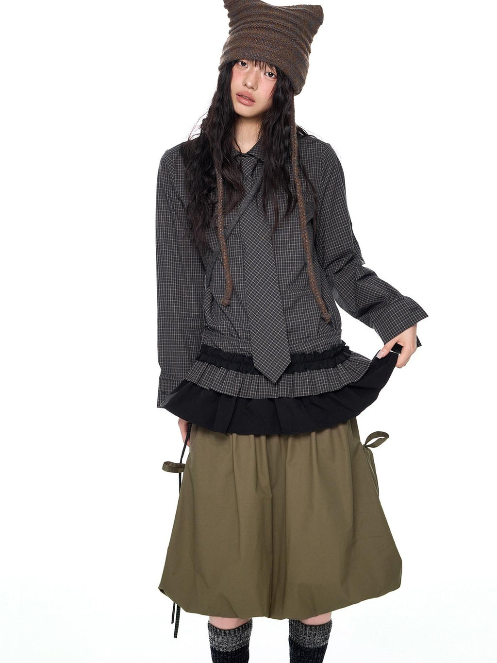 EZEK Black Plaid Pleated Ruffle Tie Women's Poly Cotton Matching Skirt Sets