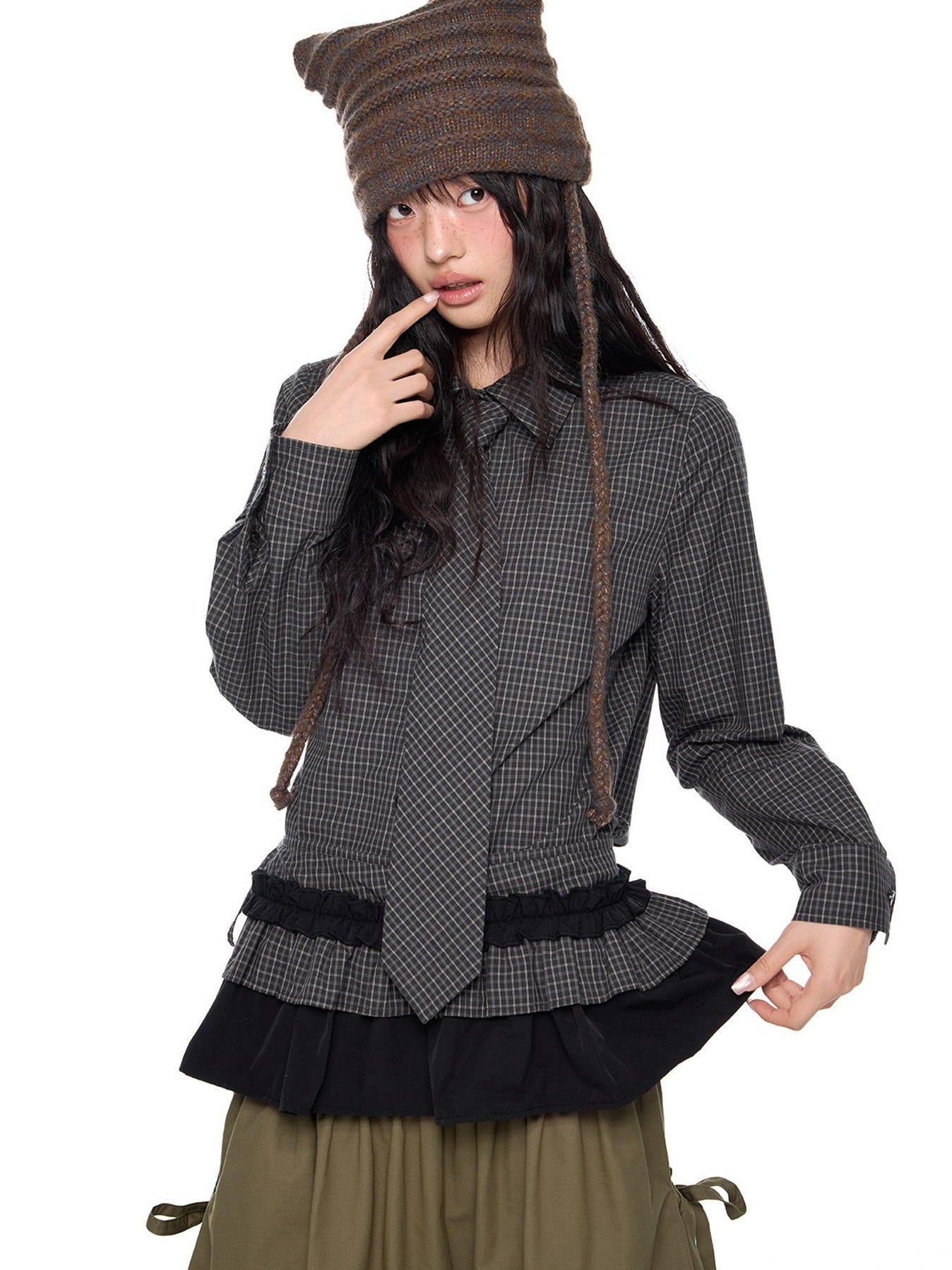 EZEK Black Plaid Pleated Ruffle Tie Women's Poly Cotton Matching Skirt Sets