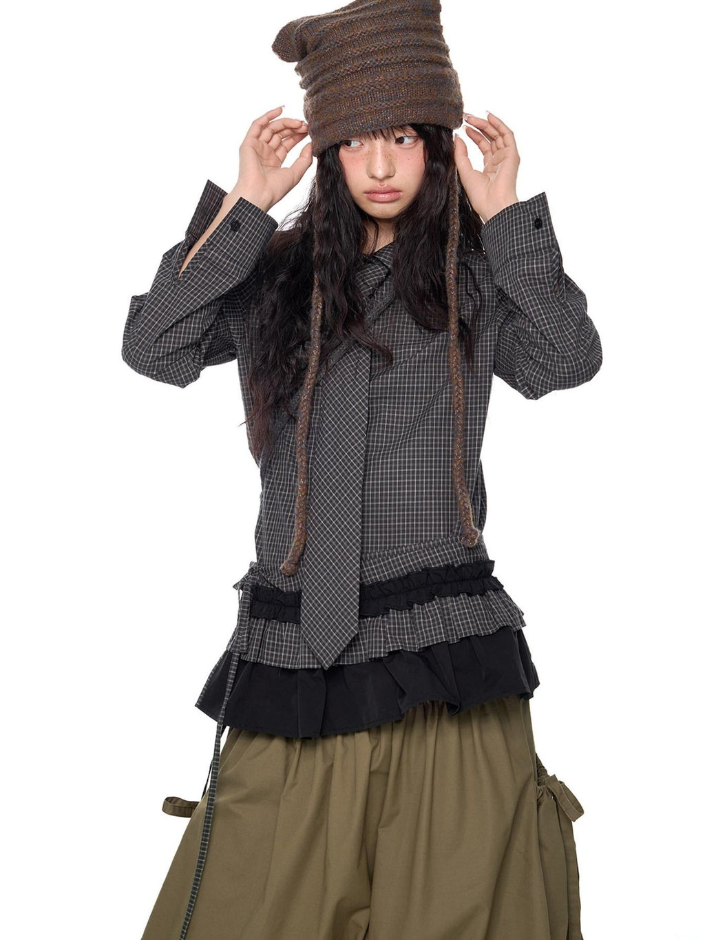 EZEK Black Plaid Pleated Ruffle Tie Women's Poly Cotton Matching Skirt Sets
