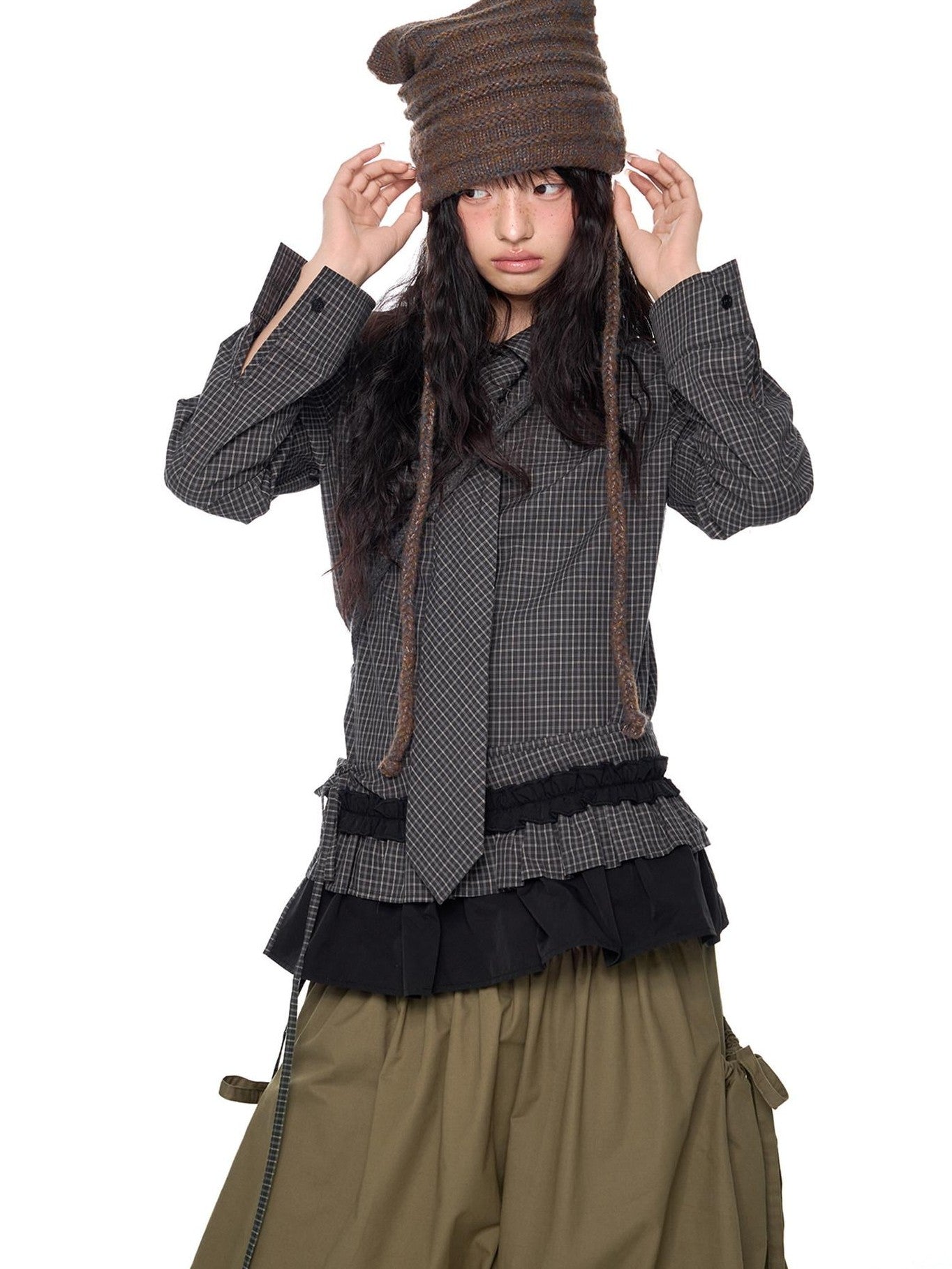 EZEK Black Plaid Pleated Ruffle Tie Women's Poly Cotton Matching Skirt Sets