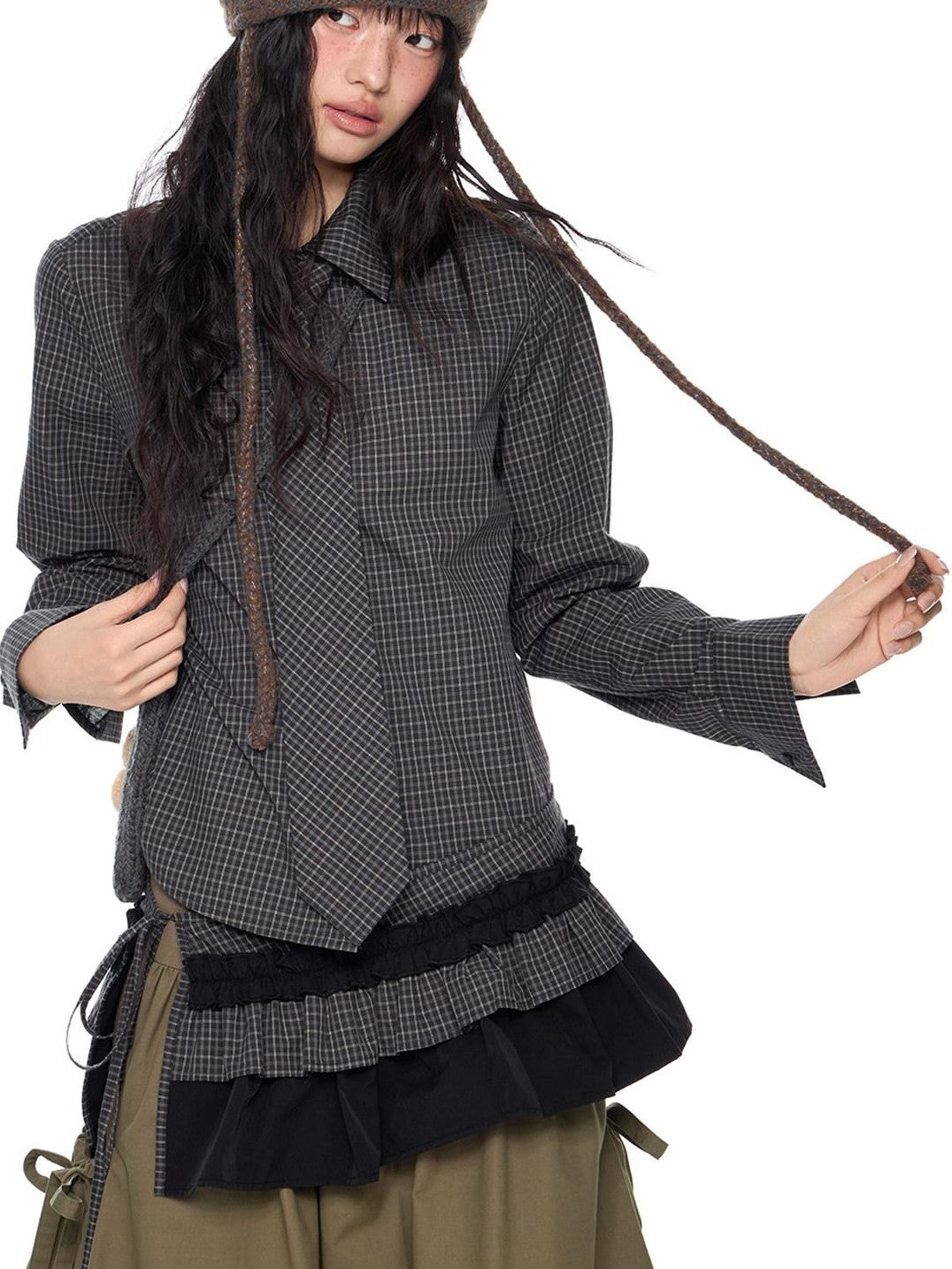 EZEK Black Plaid Pleated Ruffle Tie Women's Poly Cotton Matching Skirt Sets