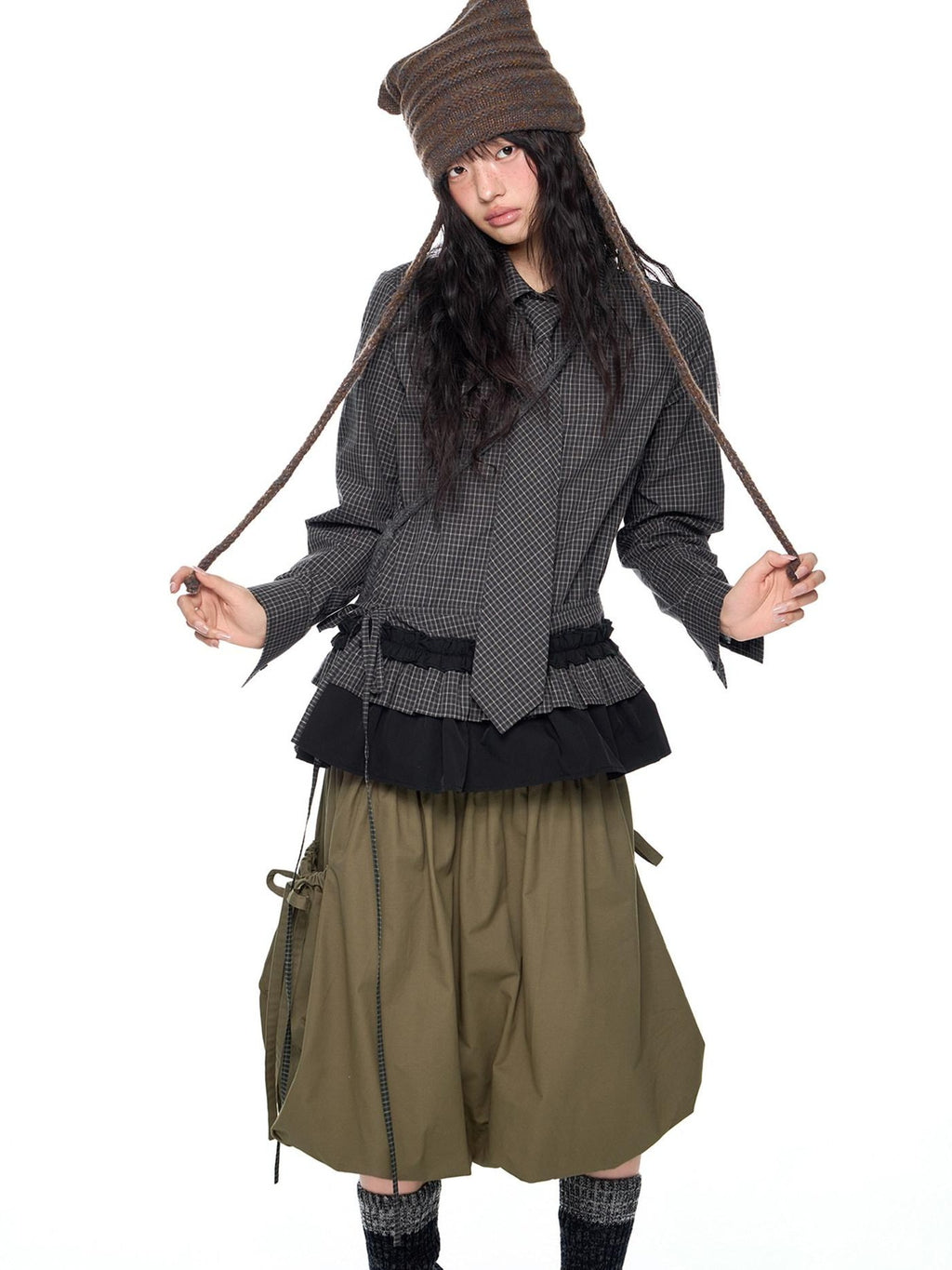 EZEK Black Plaid Pleated Ruffle Tie Women's Poly Cotton Matching Skirt Sets