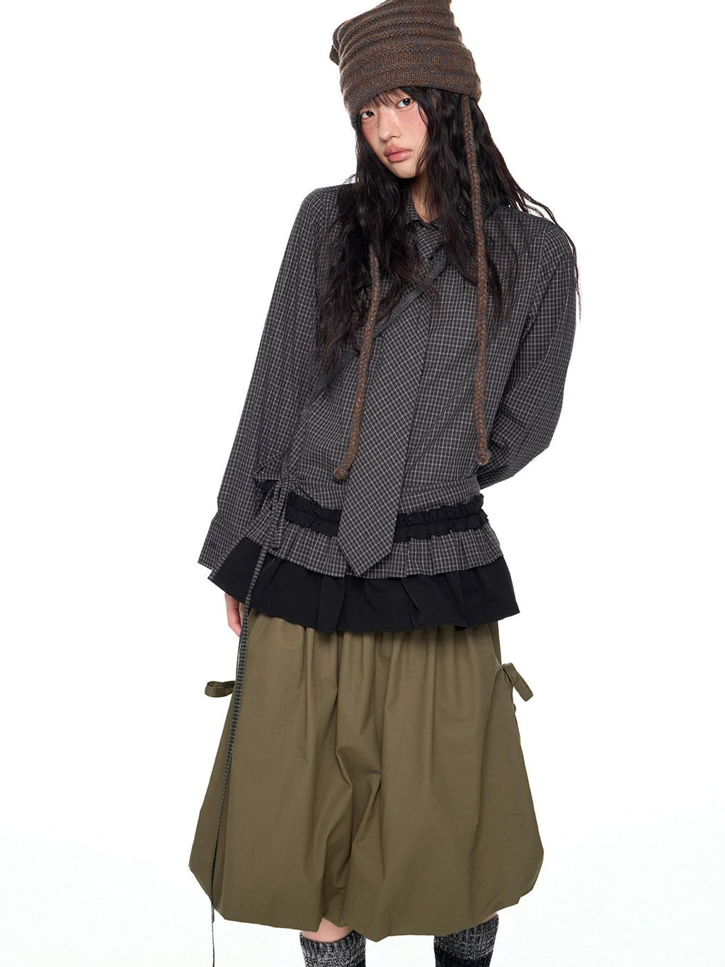 EZEK Black Plaid Pleated Ruffle Tie Women's Poly Cotton Matching Skirt Sets