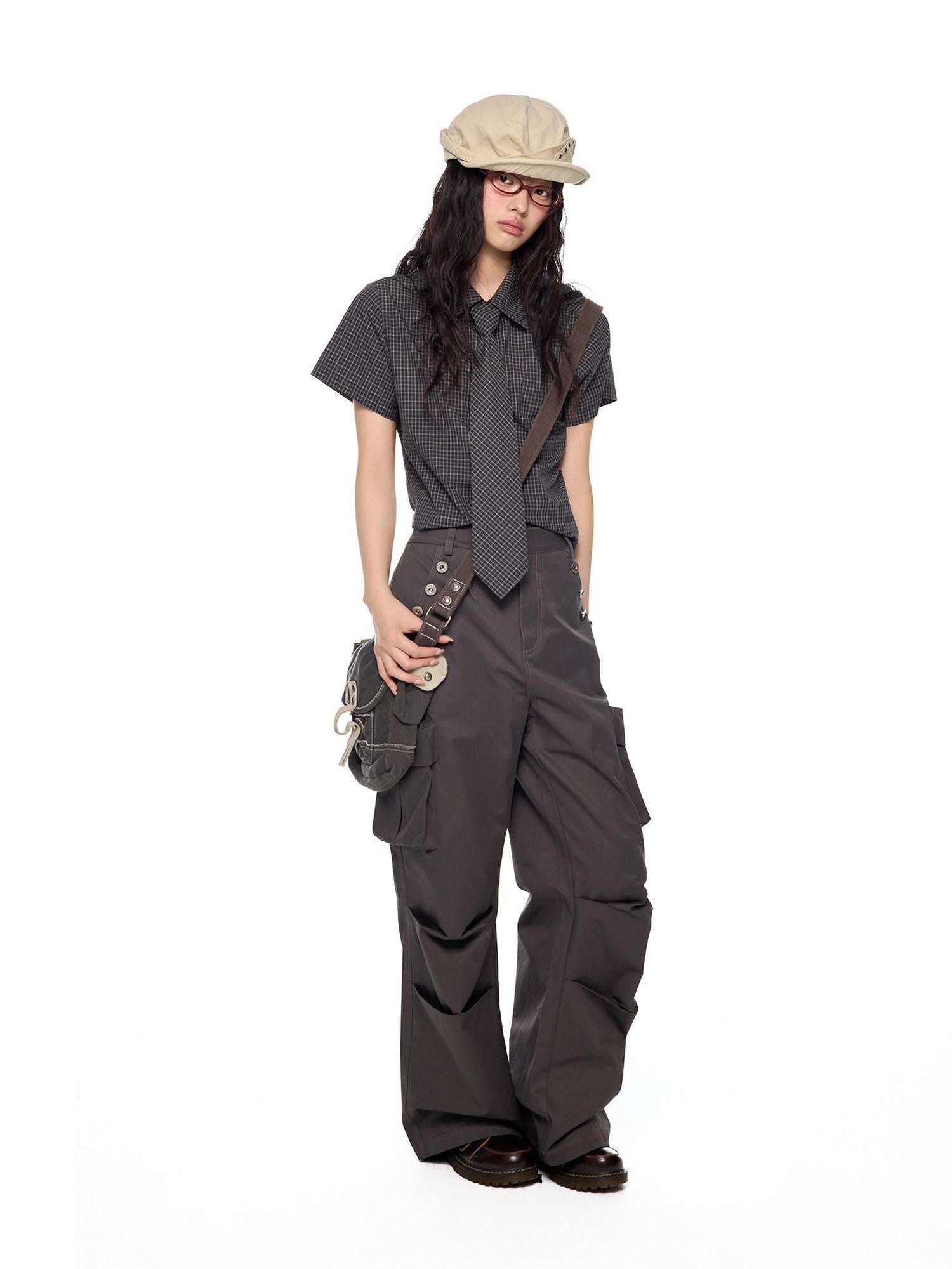 EZEK Black Plaid Pleated Ruffle Tie Women's Poly Cotton Matching Skirt Sets