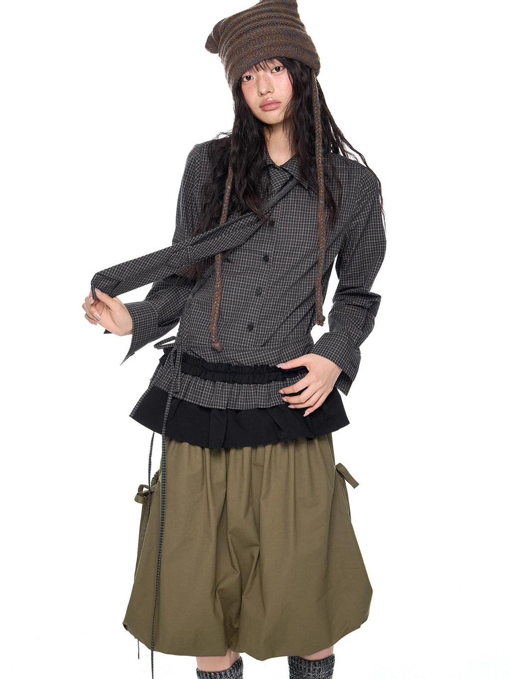 EZEK Black Plaid Pleated Ruffle Tie Women's Poly Cotton Matching Skirt Sets