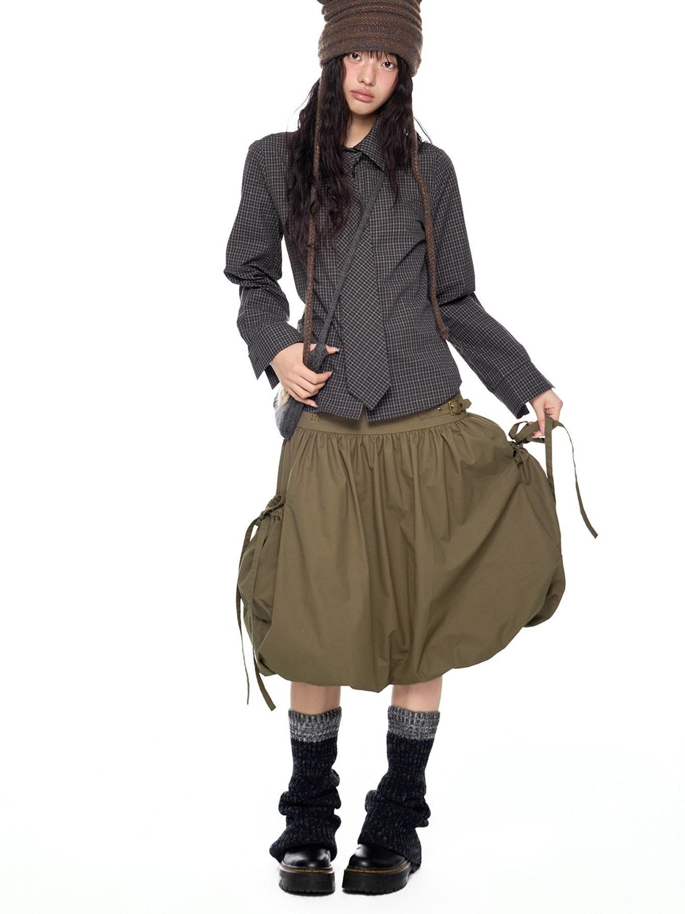 EZEK Black Plaid Pleated Ruffle Tie Women's Poly Cotton Matching Skirt Sets