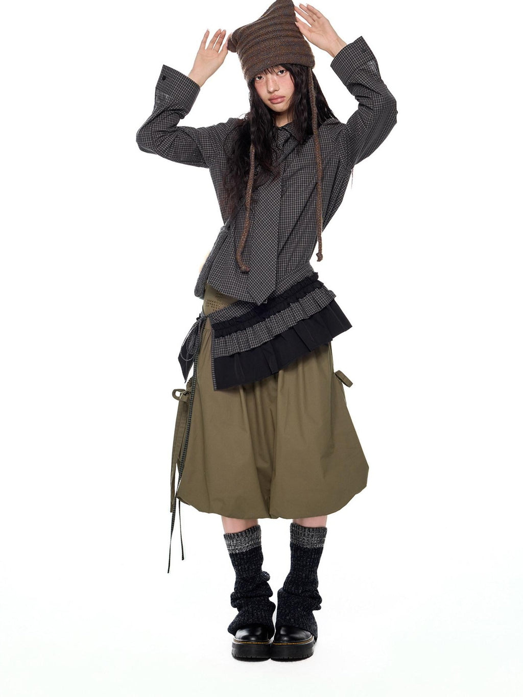EZEK Black Plaid Pleated Ruffle Tie Women's Poly Cotton Matching Skirt Sets