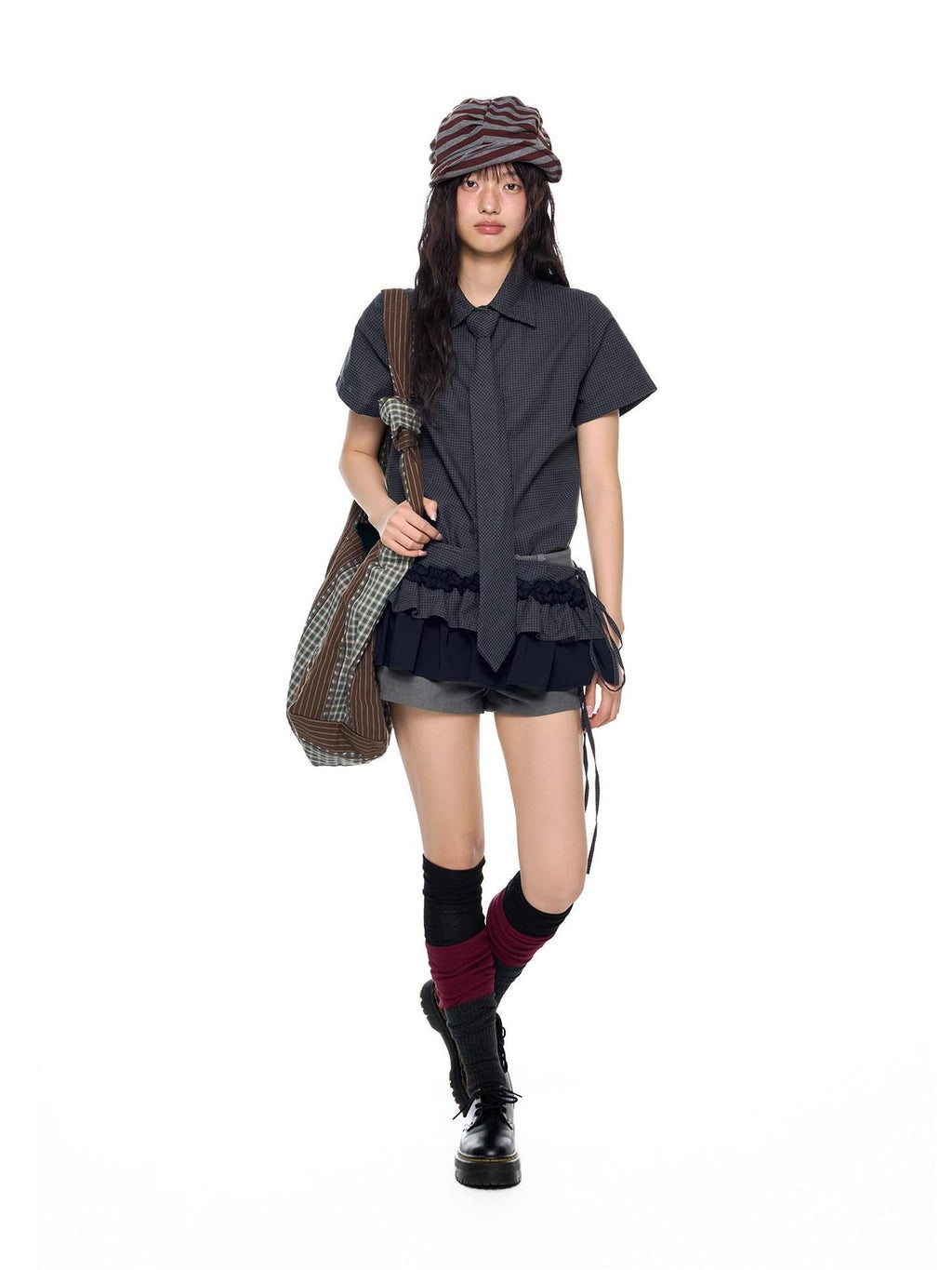 EZEK Black Plaid Pleated Ruffle Tie Women's Poly Cotton Matching Skirt Sets