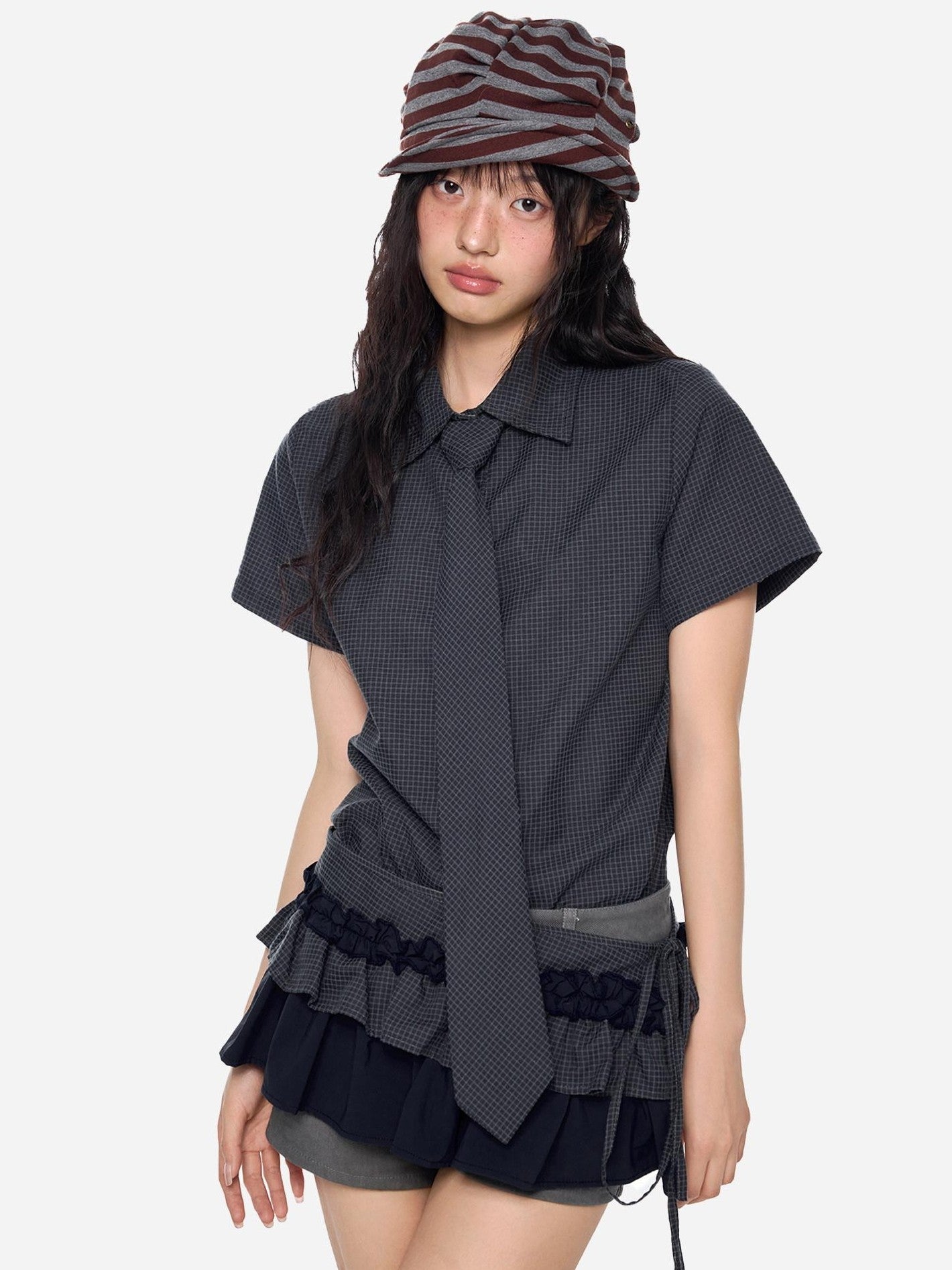 EZEK Black Plaid Pleated Ruffle Tie Women's Poly Cotton Matching Skirt Sets