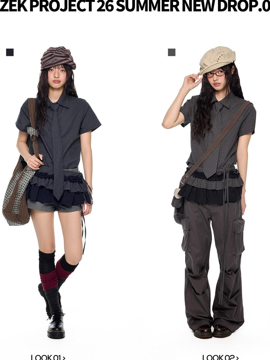 EZEK Black Plaid Pleated Ruffle Tie Women's Poly Cotton Matching Skirt Sets