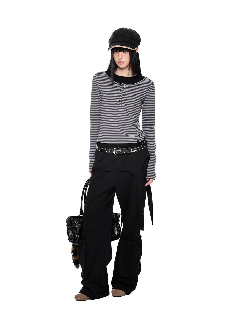 EZEK Black Retro Faux Two Piece Pocket Button Drapey Women's Cotton Wide-leg Pants