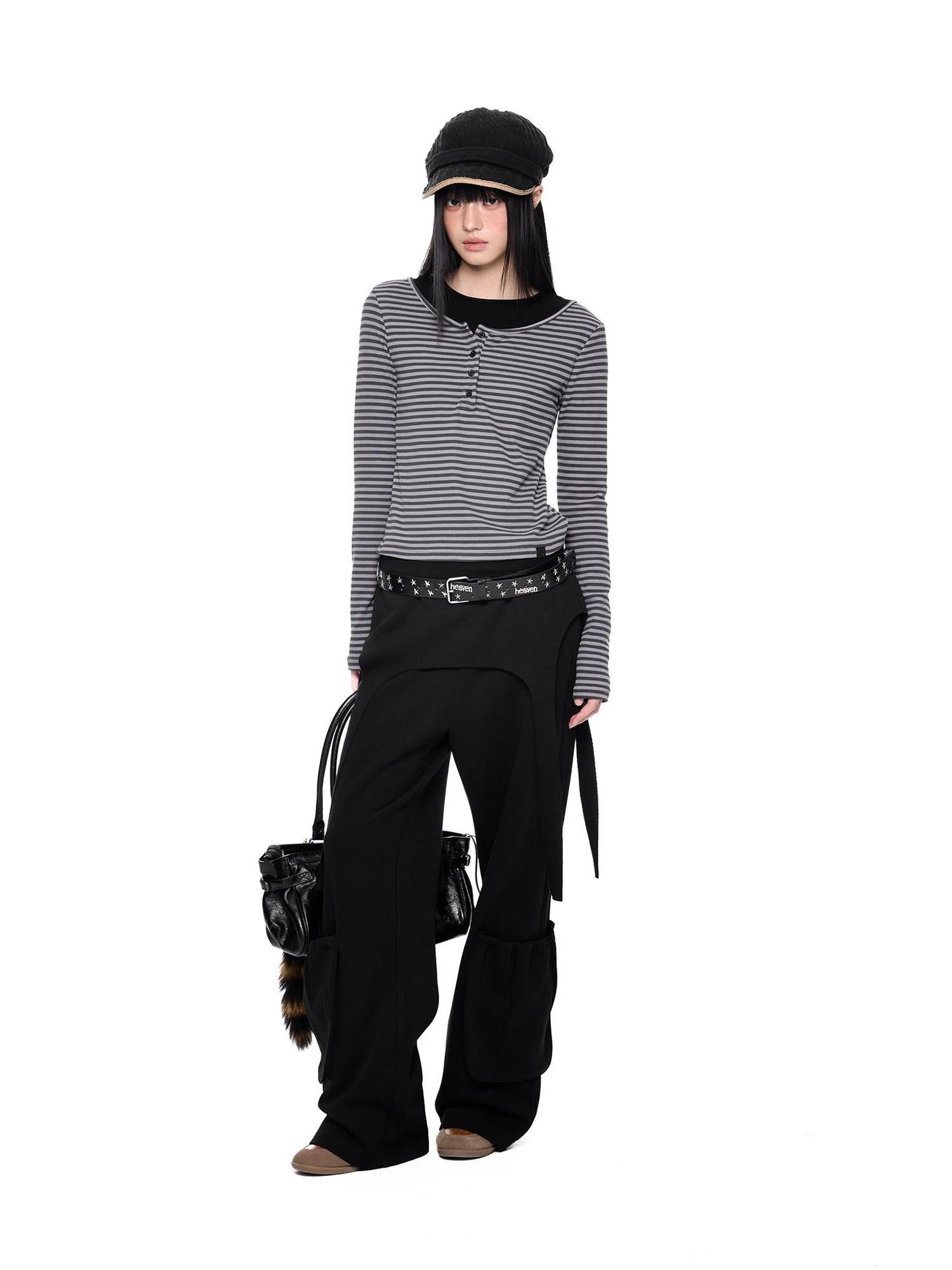 EZEK Black Retro Faux Two Piece Pocket Button Drapey Women's Cotton Wide-leg Pants