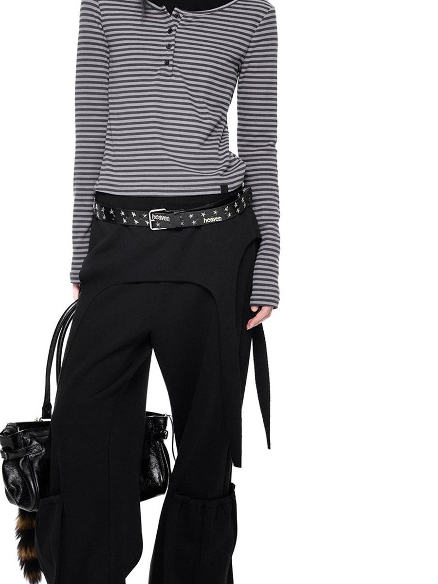 EZEK Black Retro Faux Two Piece Pocket Button Drapey Women's Cotton Wide-leg Pants