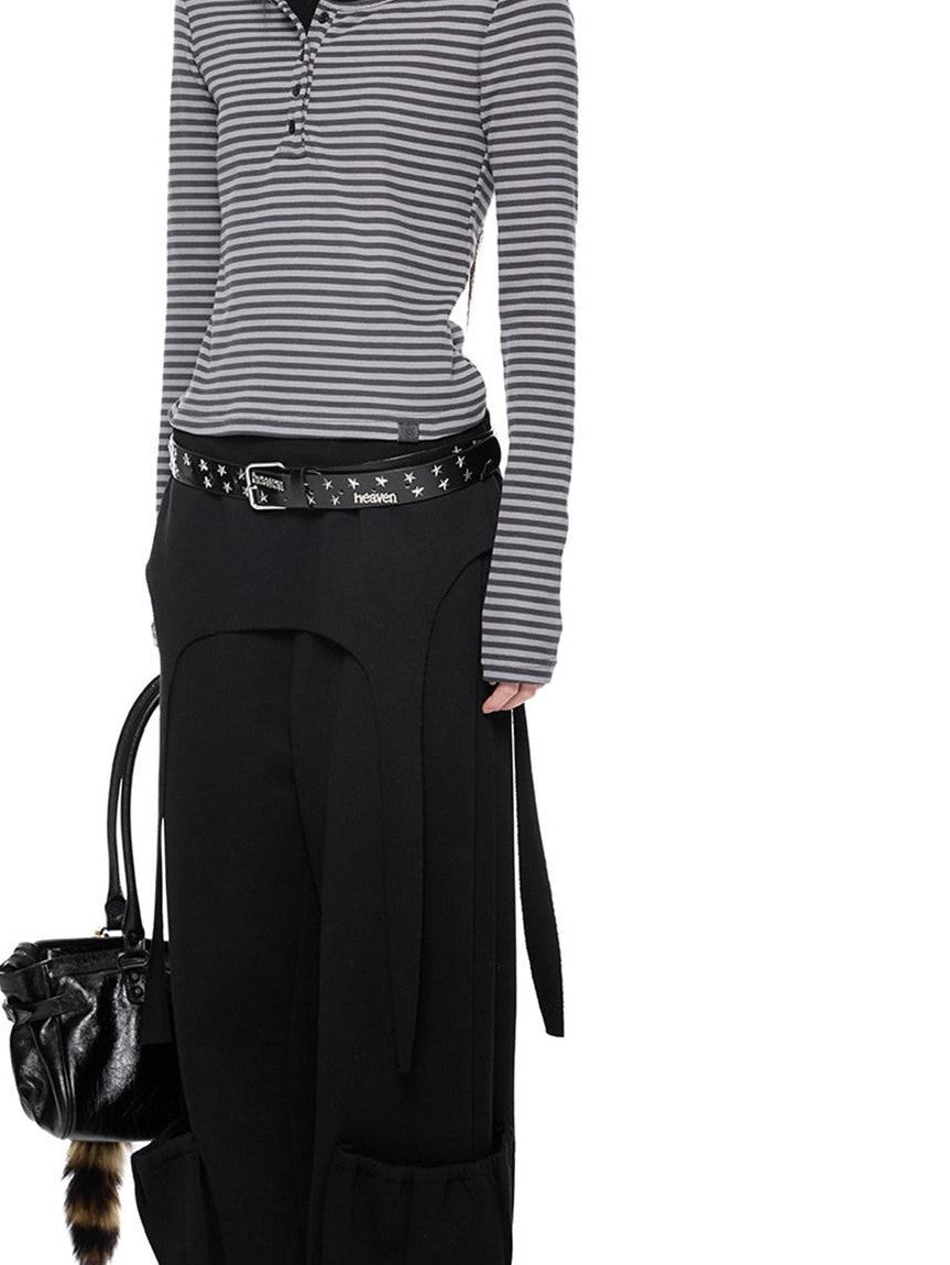 EZEK Black Retro Faux Two Piece Pocket Button Drapey Women's Cotton Wide-leg Pants