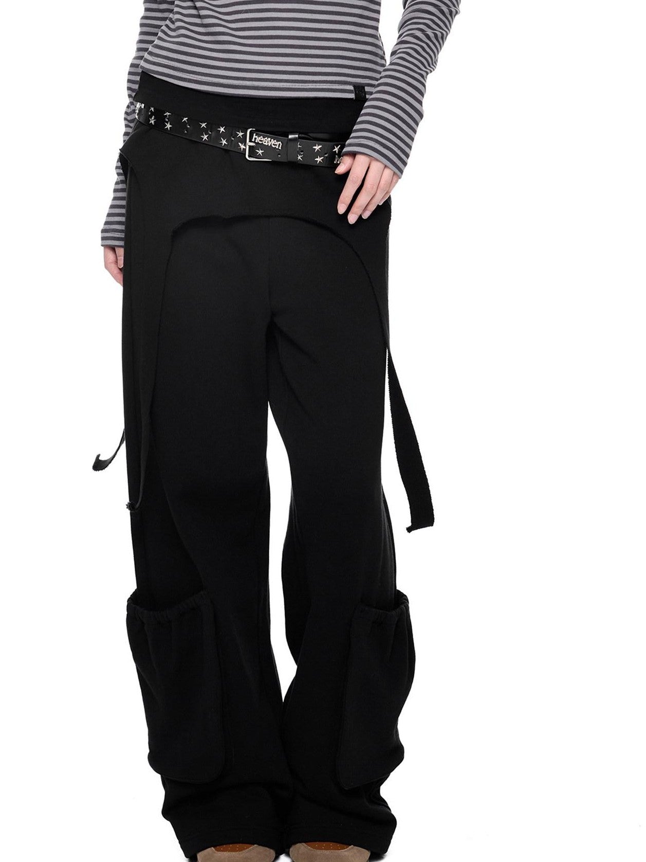 EZEK Black Retro Faux Two Piece Pocket Button Drapey Women's Cotton Wide-leg Pants