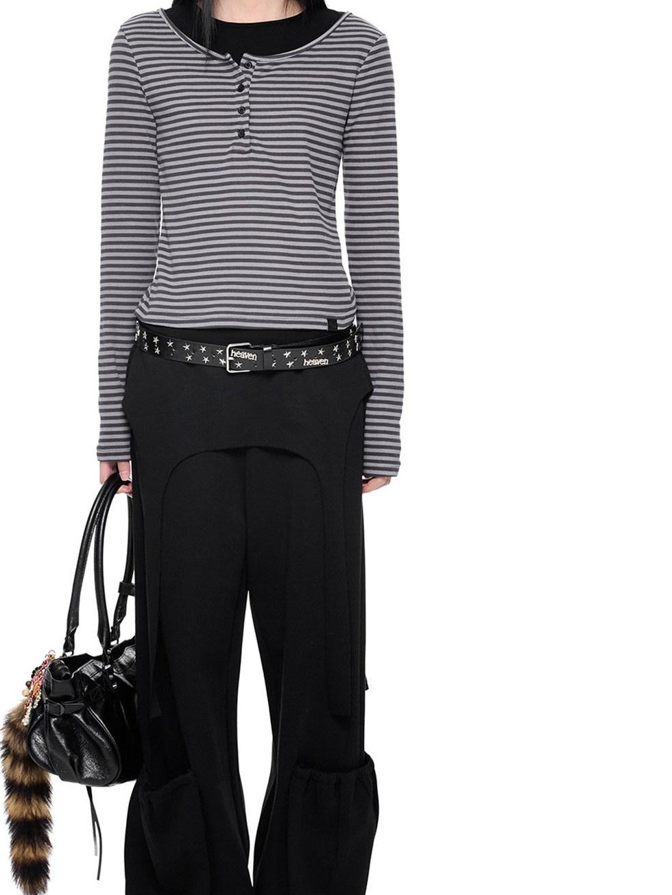 EZEK Black Retro Faux Two Piece Pocket Button Drapey Women's Cotton Wide-leg Pants