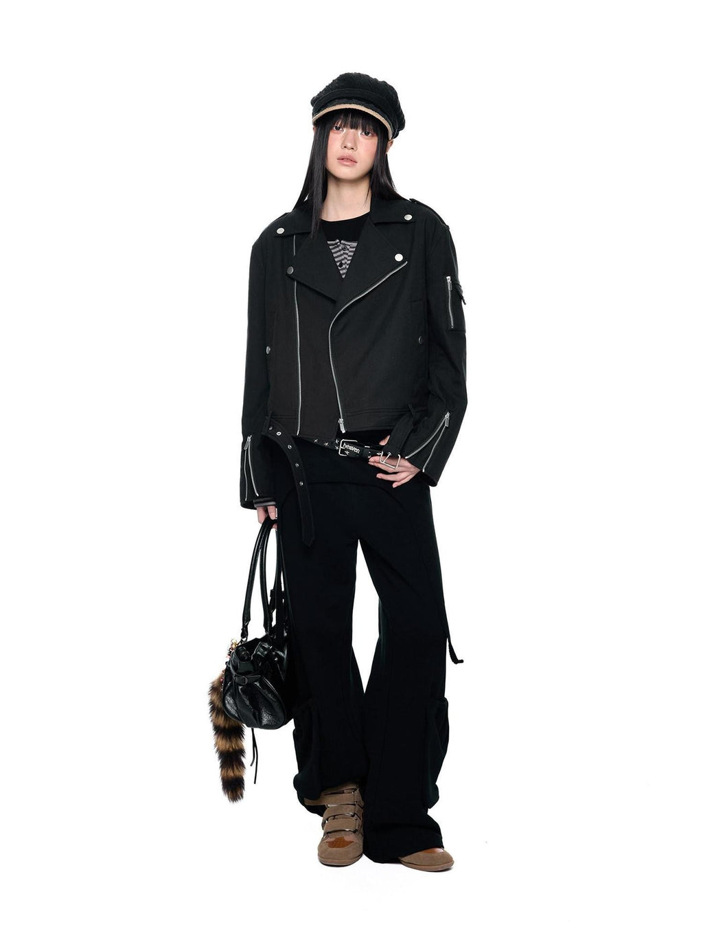 EZEK Black Retro Faux Two Piece Pocket Button Drapey Women's Cotton Wide-leg Pants