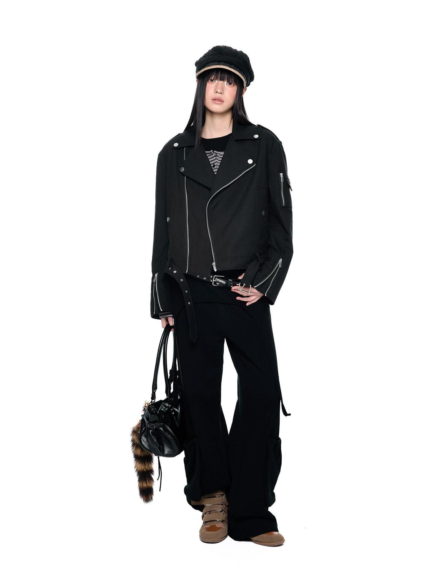 EZEK Black Retro Faux Two Piece Pocket Button Drapey Women's Cotton Wide-leg Pants