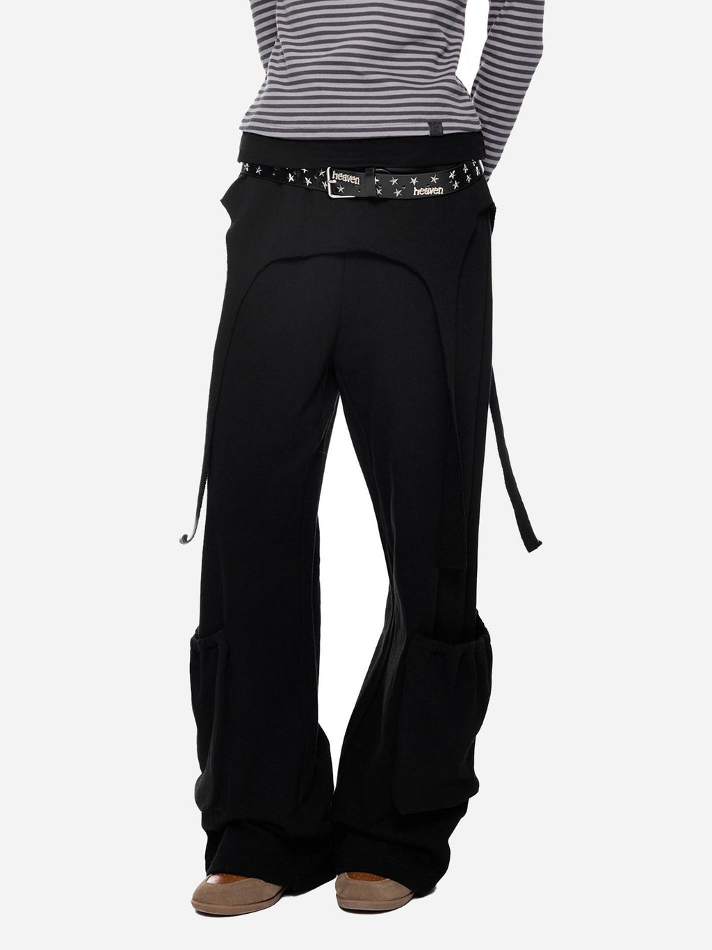 EZEK Black Retro Faux Two Piece Pocket Button Drapey Women's Cotton Wide-leg Pants