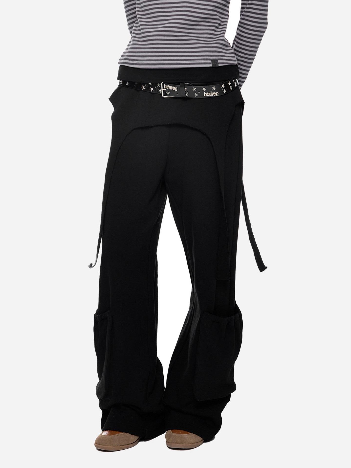 EZEK Black Retro Faux Two Piece Pocket Button Drapey Women's Cotton Wide-leg Pants