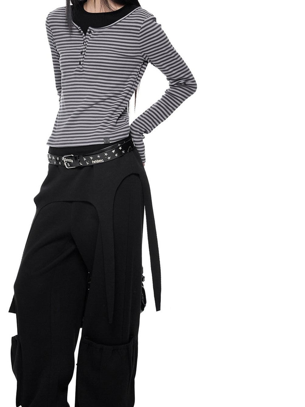 EZEK Black Retro Faux Two Piece Pocket Button Drapey Women's Cotton Wide-leg Pants