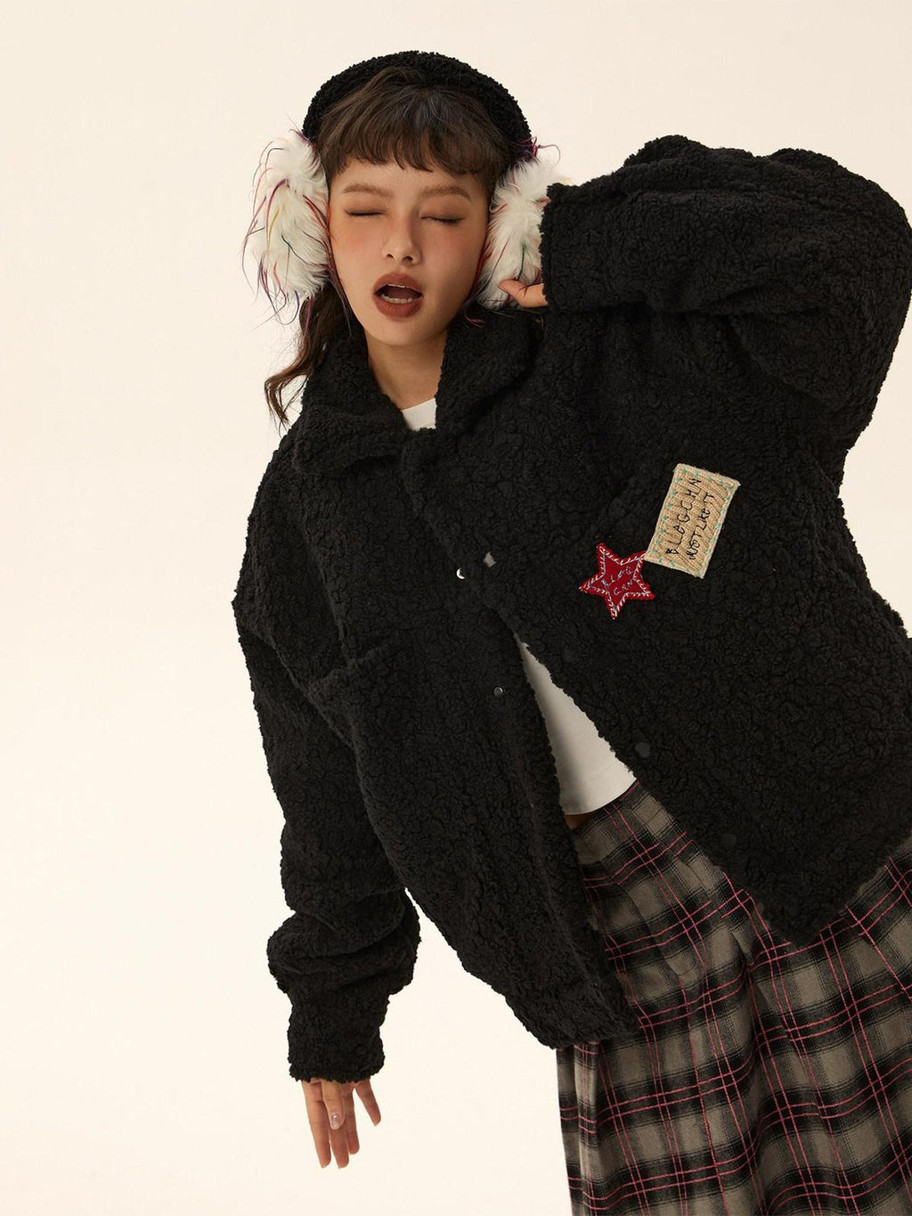 EZEK Black Vintage Zipper Cropped Padded Sherpa Women's Fleece Jackets