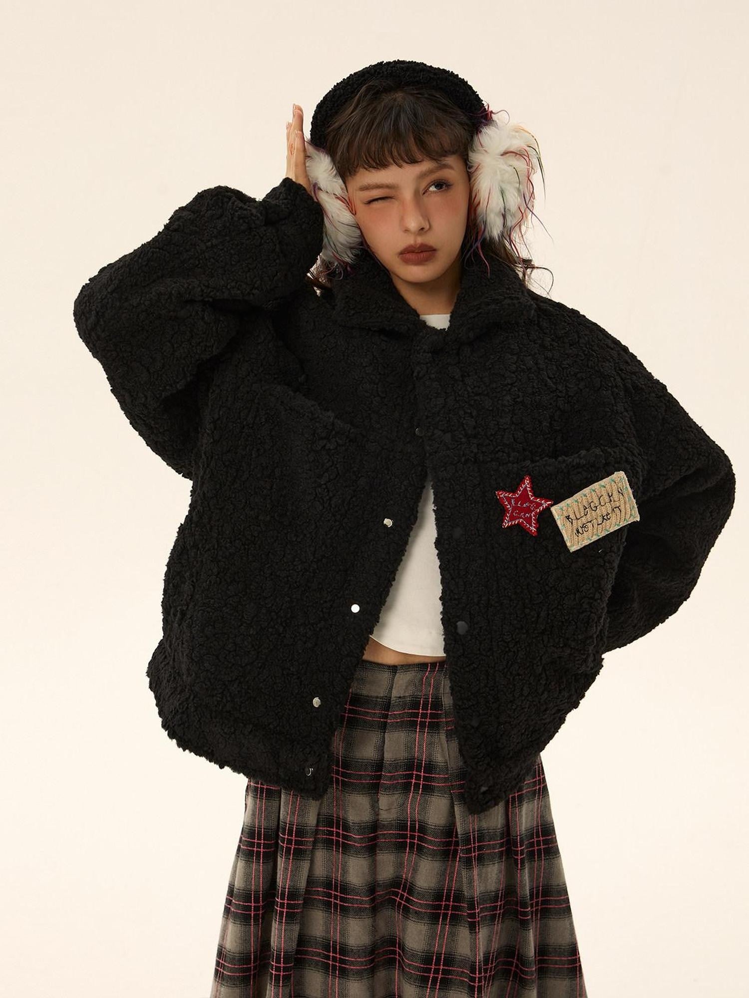 EZEK Black Vintage Zipper Cropped Padded Sherpa Women's Fleece Jackets