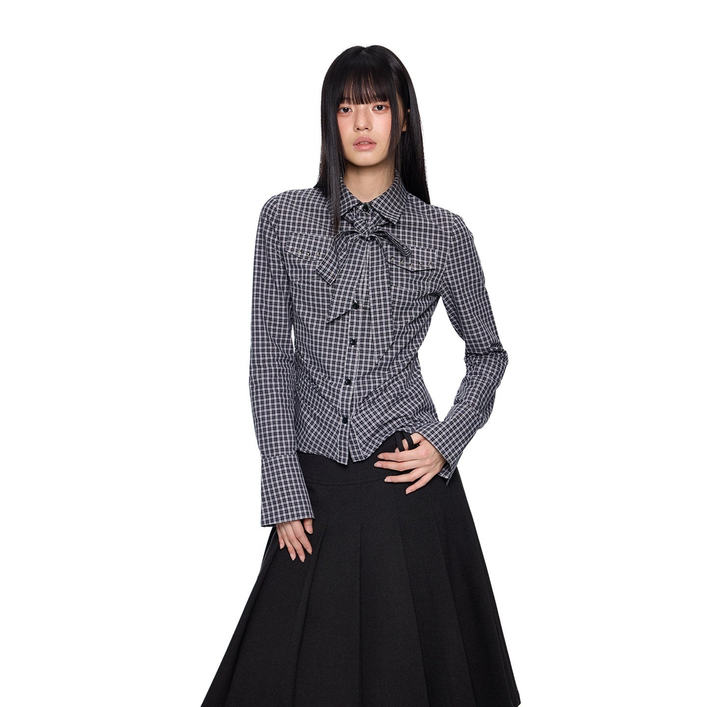 EZEK_Black_White_Checked_Retro_Lapel_Tie_Long_Sleeve_Women's_Cotton_Blend_Bow_Blouses_1013500695099_MISSTT