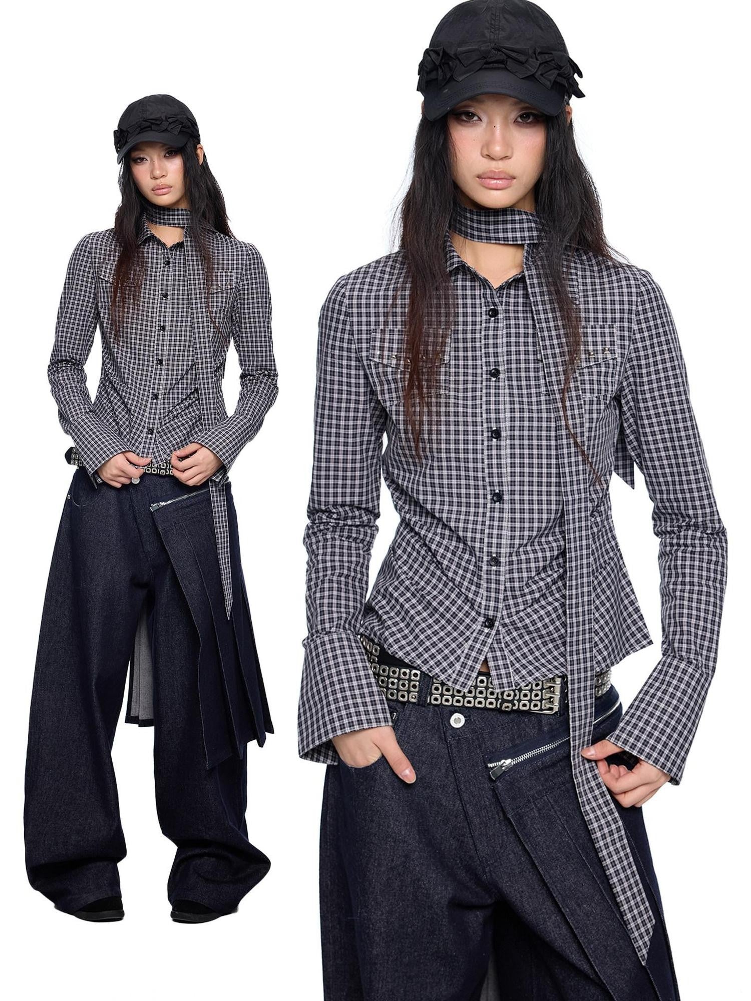 EZEK Black White Checked Retro Lapel Tie Long Sleeve Women's Cotton Blend Bow Blouses