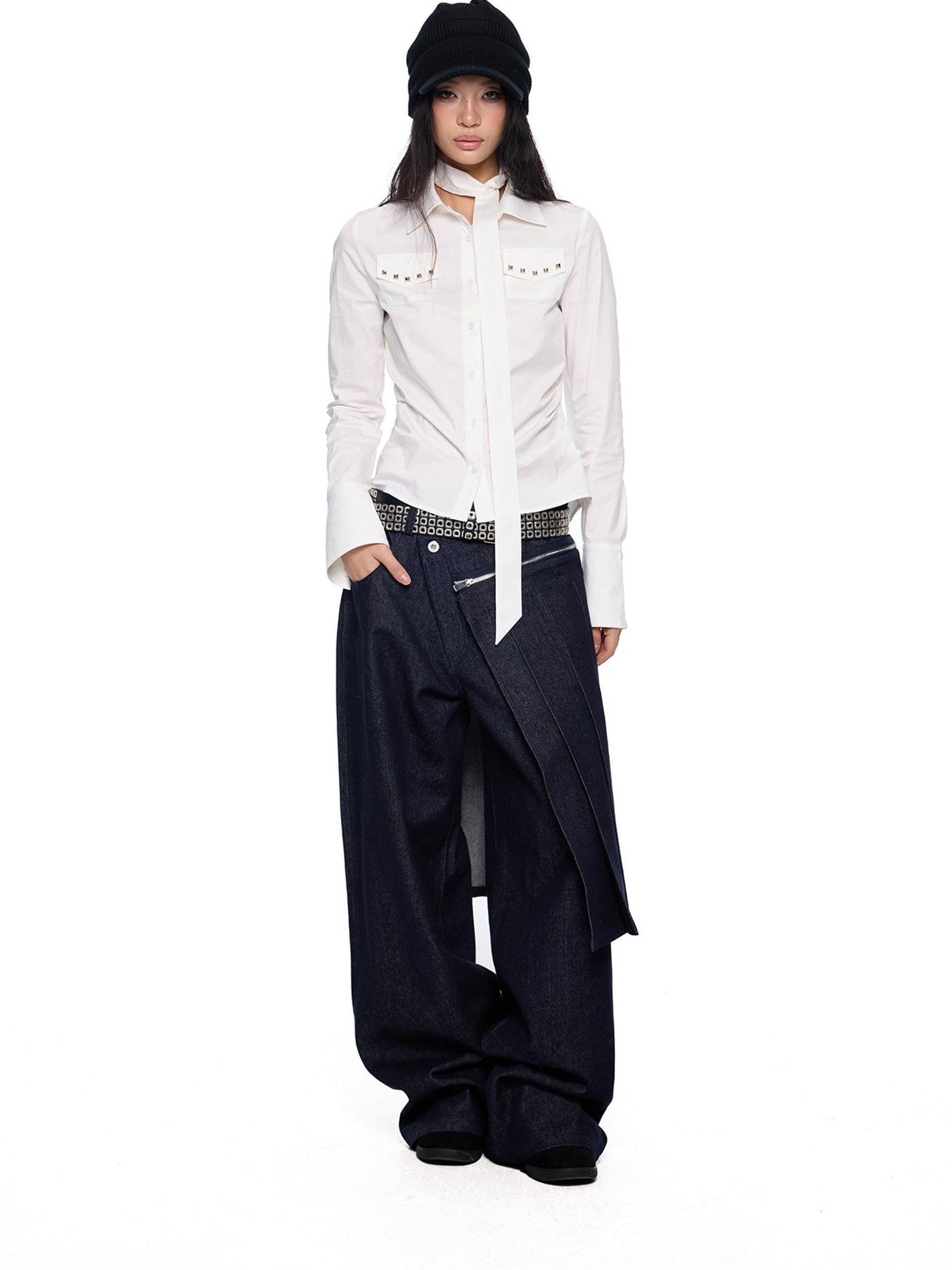EZEK Black White Checked Retro Lapel Tie Long Sleeve Women's Cotton Blend Bow Blouses