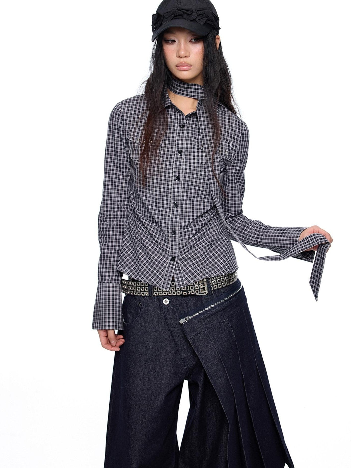 EZEK Black White Checked Retro Lapel Tie Long Sleeve Women's Cotton Blend Bow Blouses