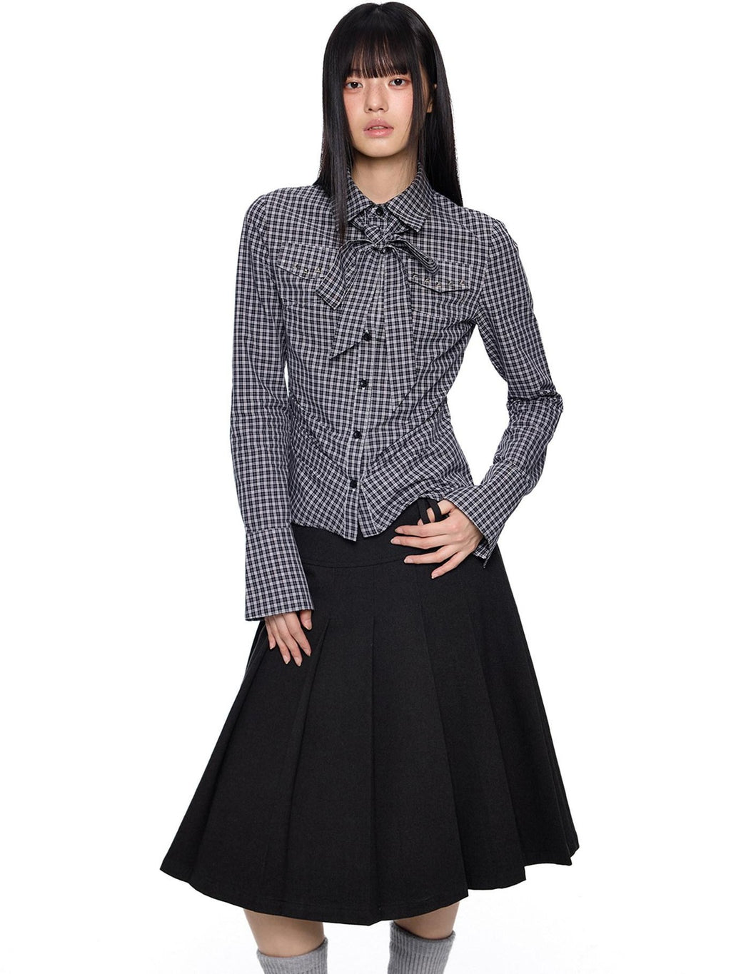 EZEK Black White Checked Retro Lapel Tie Long Sleeve Women's Cotton Blend Bow Blouses