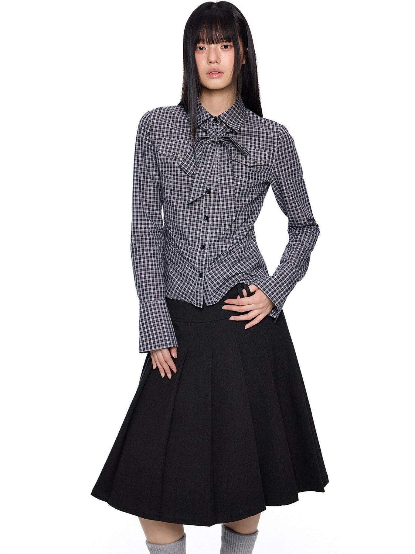 EZEK Black White Checked Retro Lapel Tie Long Sleeve Women's Cotton Blend Bow Blouses