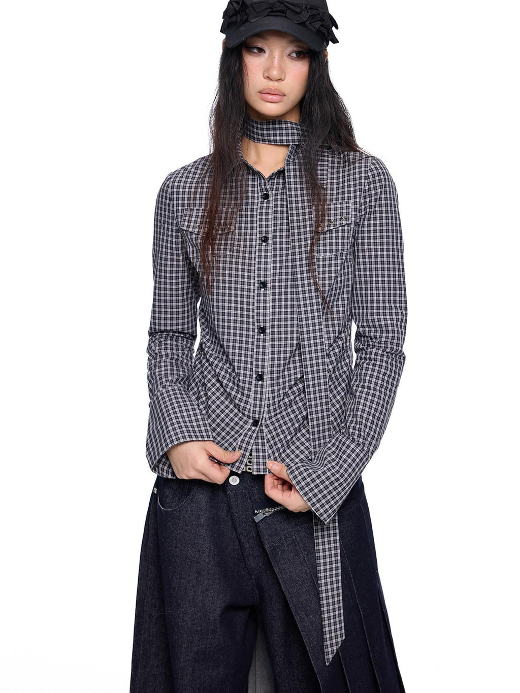EZEK Black White Checked Retro Lapel Tie Long Sleeve Women's Cotton Blend Bow Blouses