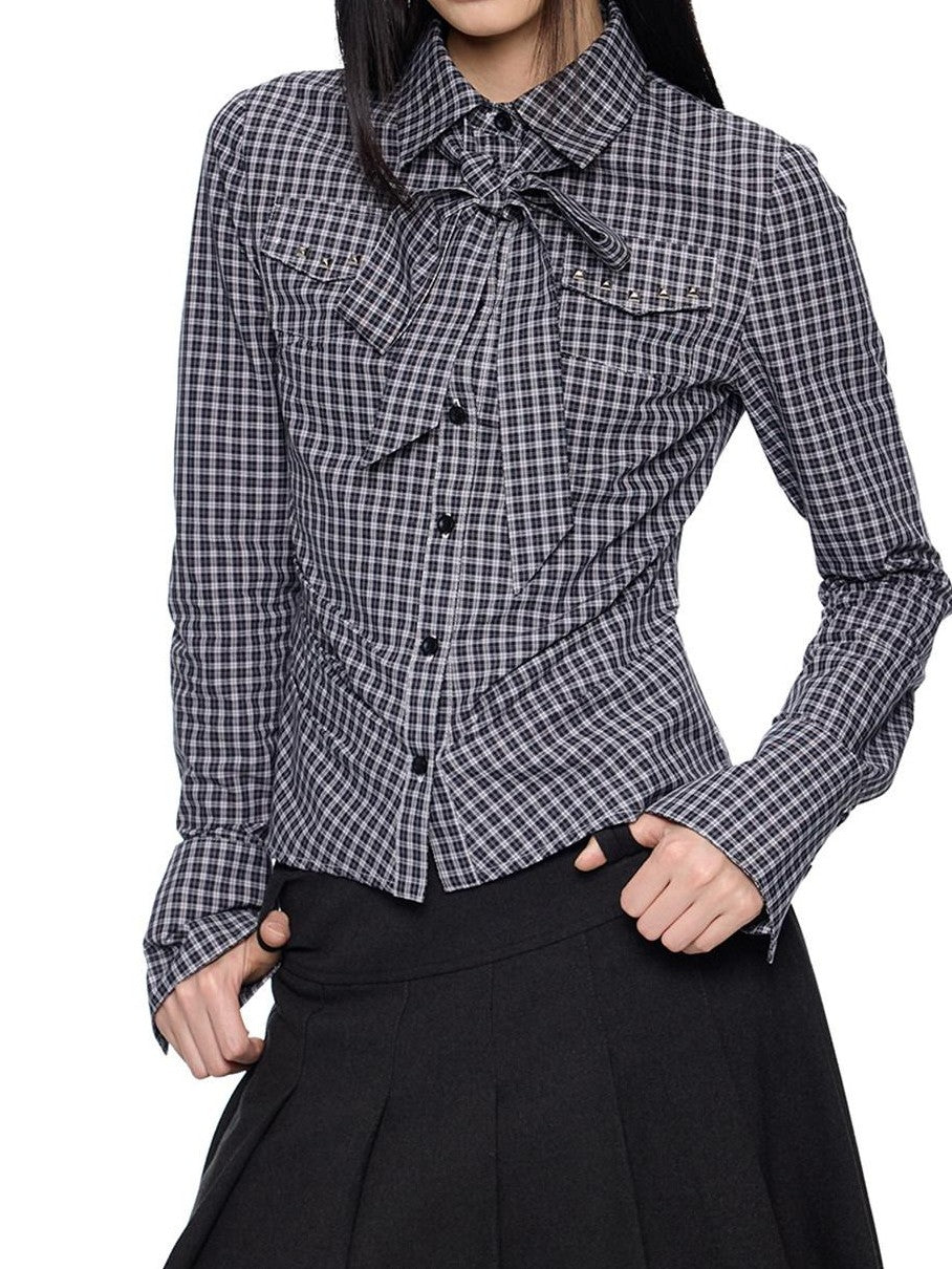 EZEK Black White Checked Retro Lapel Tie Long Sleeve Women's Cotton Blend Bow Blouses