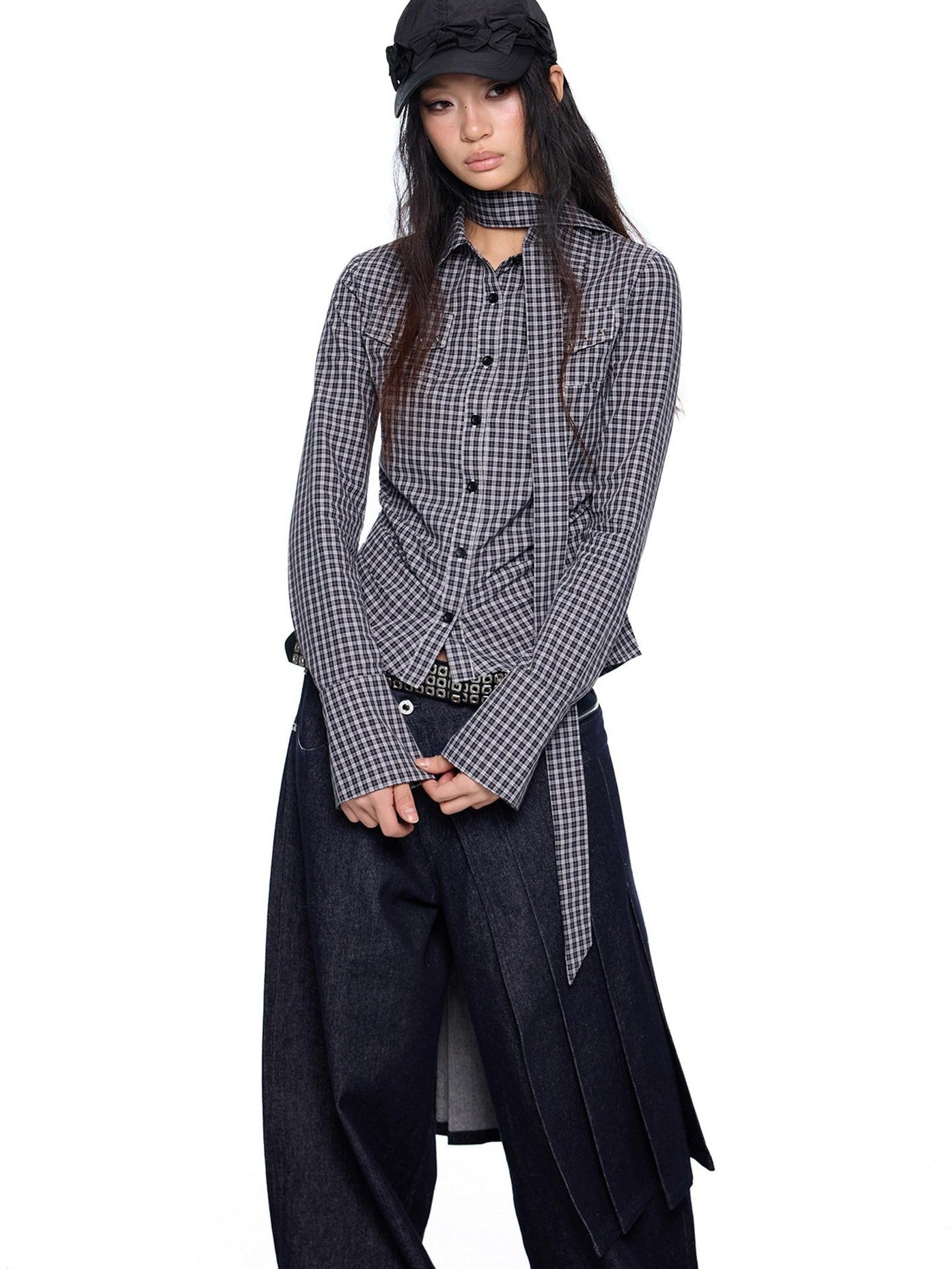 EZEK Black White Checked Retro Lapel Tie Long Sleeve Women's Cotton Blend Bow Blouses