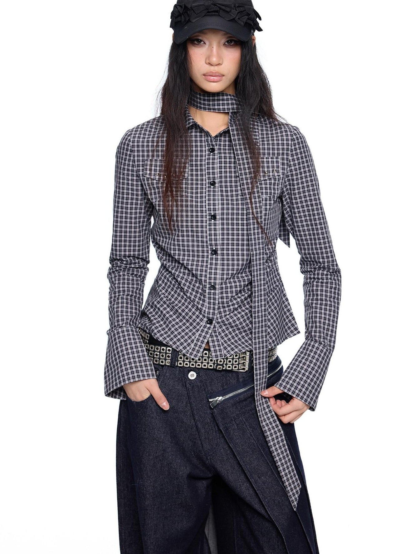 EZEK Black White Checked Retro Lapel Tie Long Sleeve Women's Cotton Blend Bow Blouses